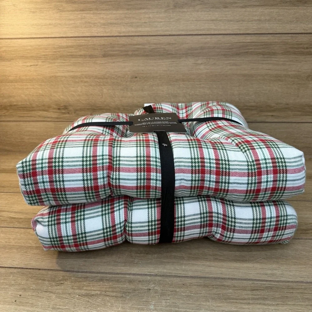 Ralph Lauren Tartan Plaid White Green Red Christmas Chair Pads/Cushions 2 Piece
